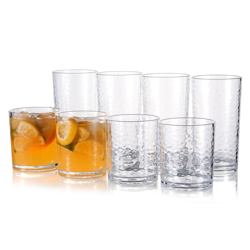 KX-WARE 14-ounce and 20-ounce Acrylic Glasses Plastic Tumbler, set of 8 Clear - Hammered Style, Dishwasher Safe, BPA Free - Image 1